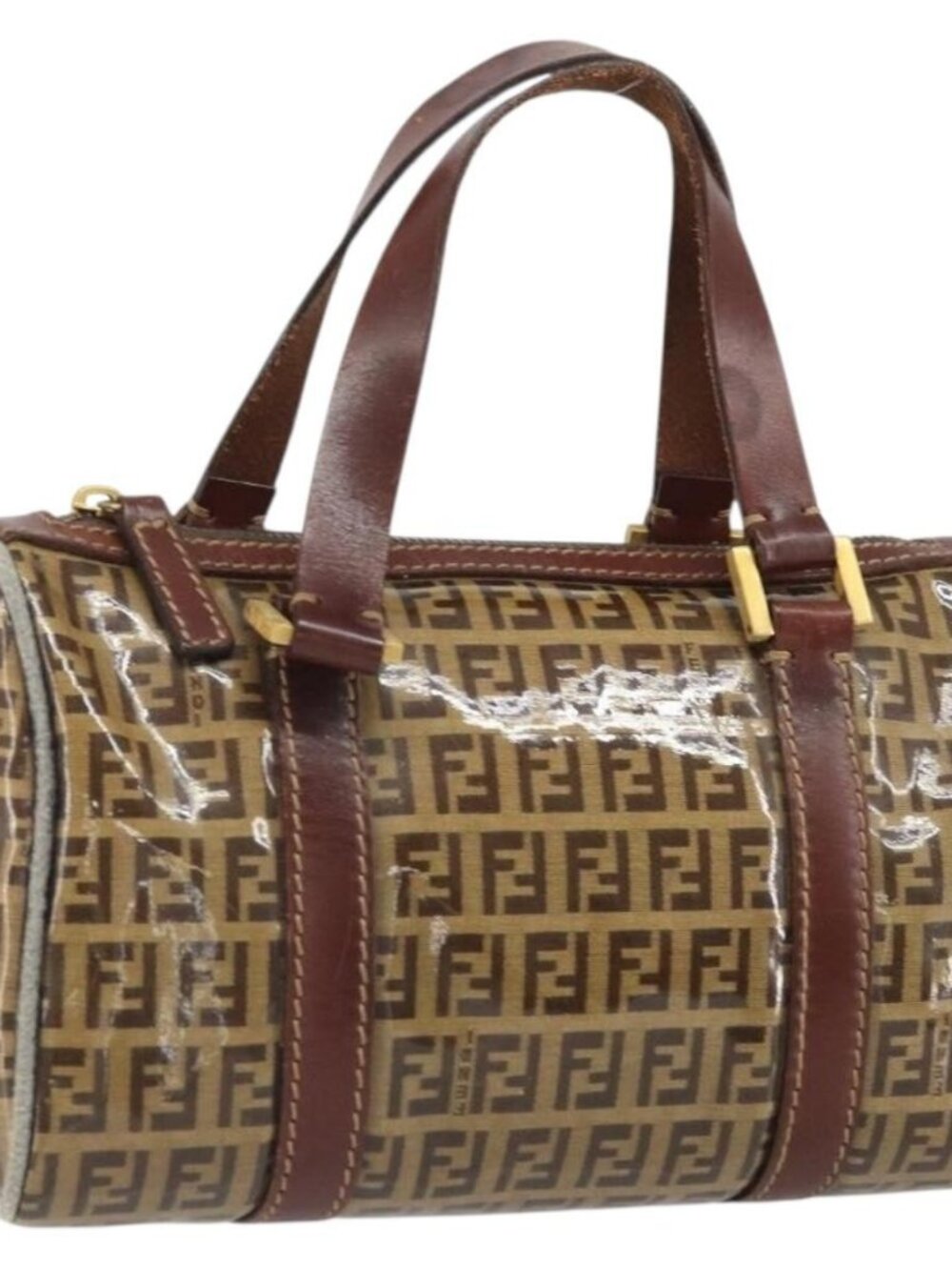 FENDI Zucchino Canvas Boston Bag Patent leather Brown Gold Auth 171572